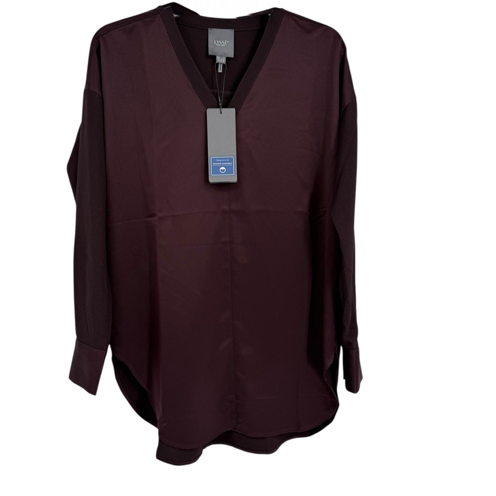 Lysse NWT Satin Deep Purple V Neck Blouse Long Sleeves Size Small Pullover